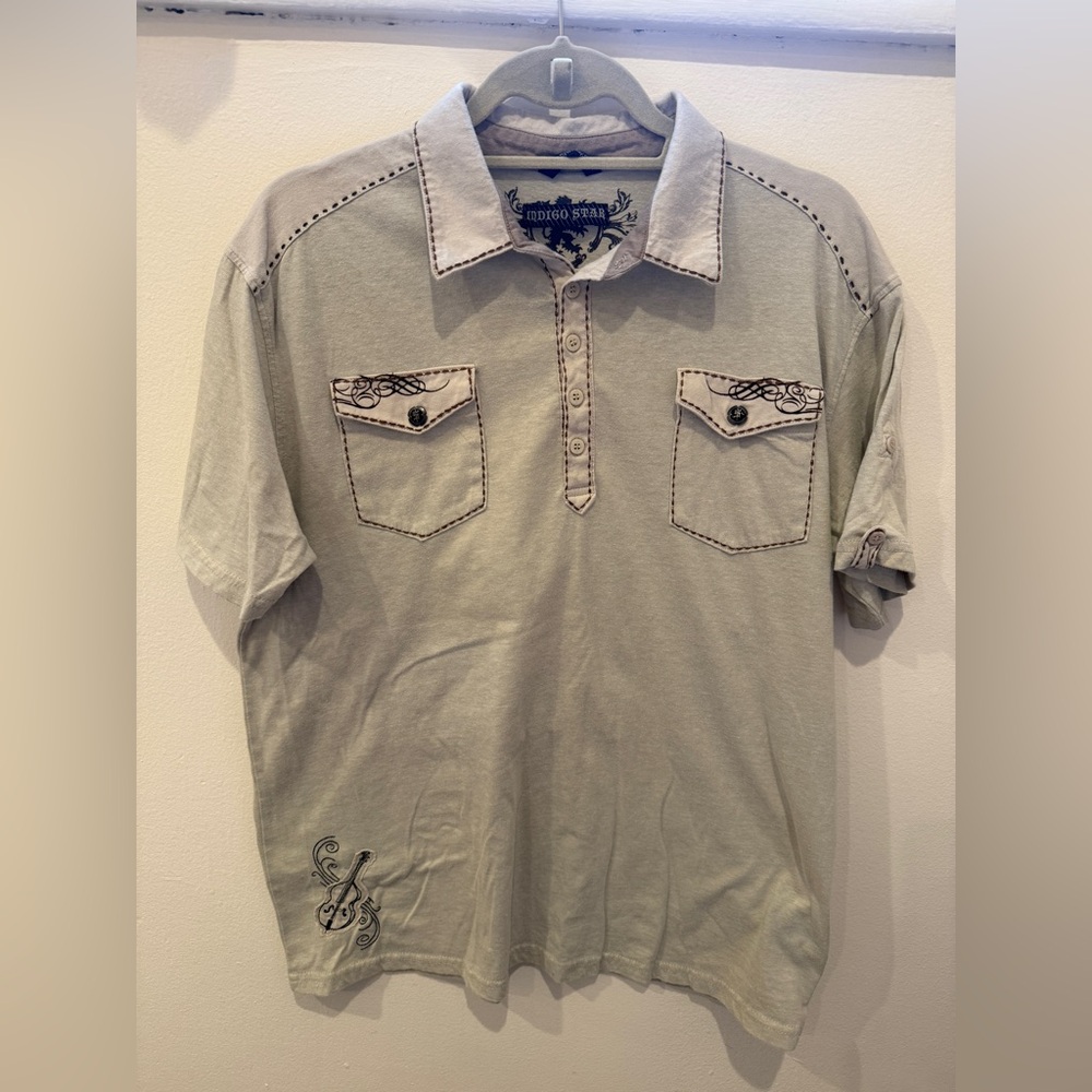Indigo Star men’s short sleeve collared knit shirt in good used condition, large